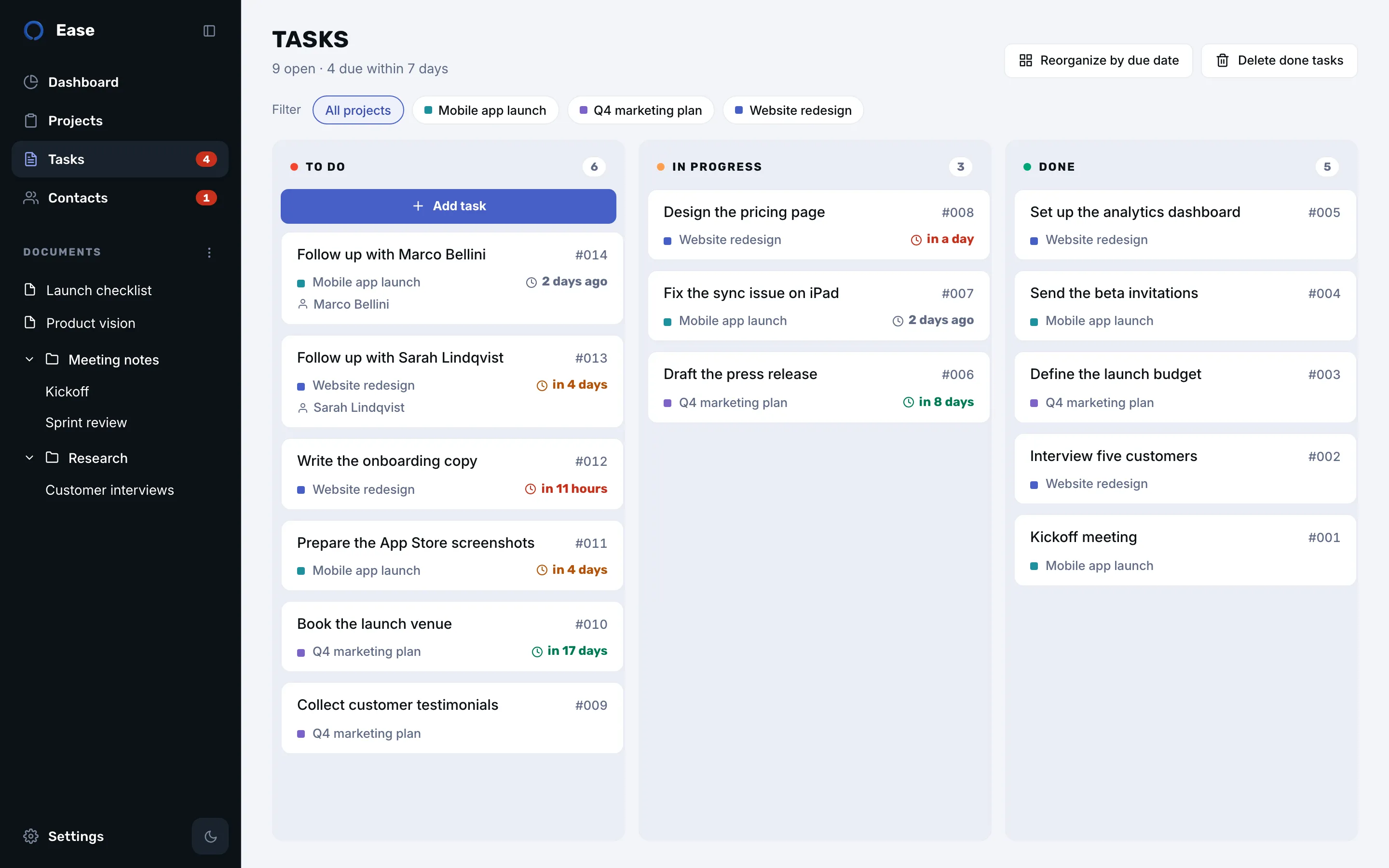 Task cards with deadlines in orange and red