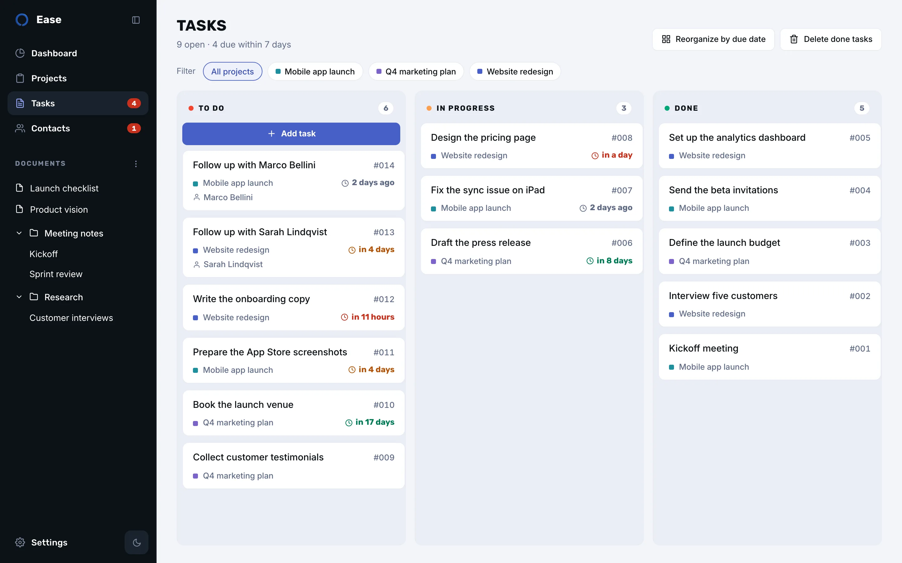 Ease tasks board with three columns and task cards coloured by project, some deadlines in orange and red