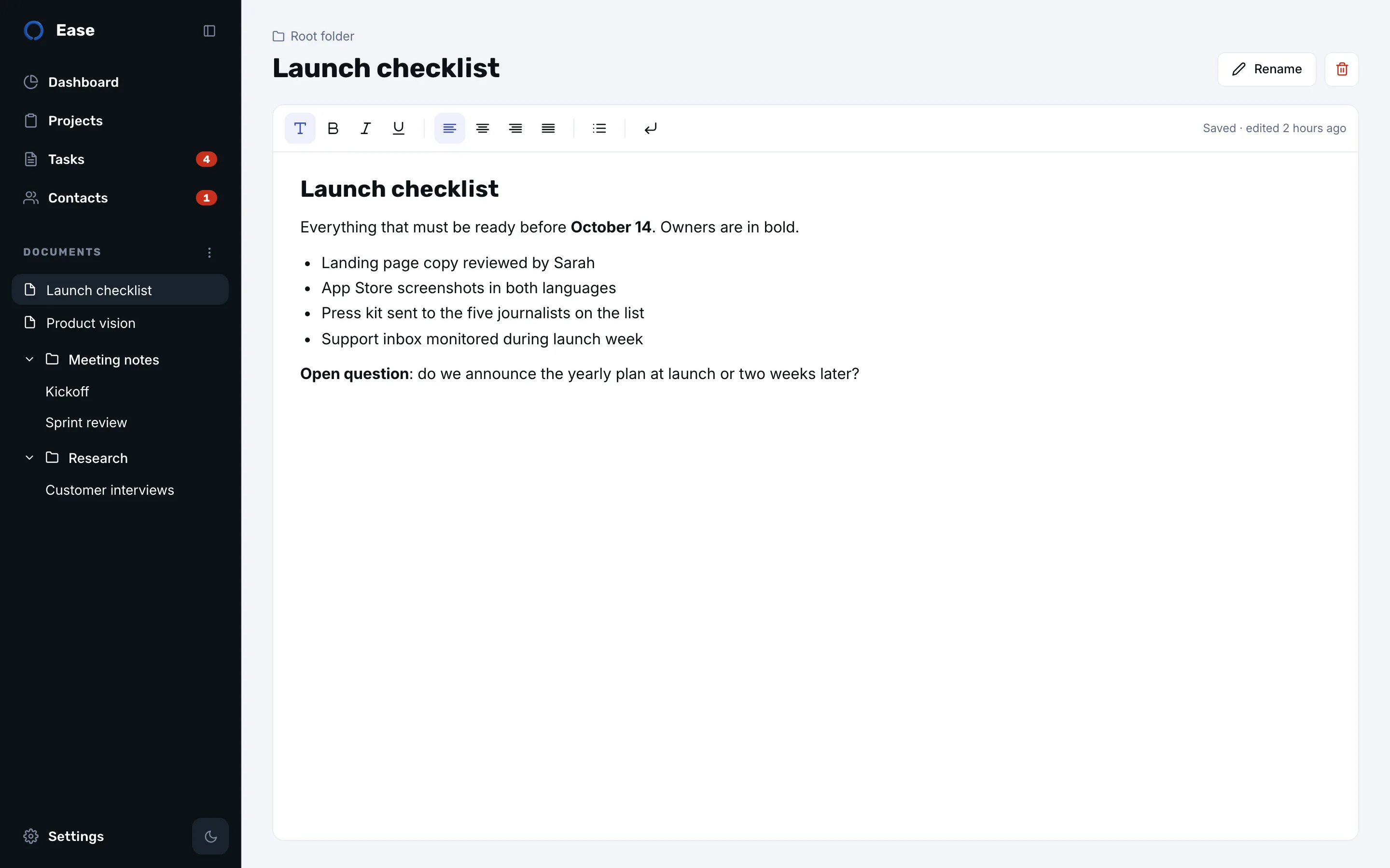 Ease document editor showing a launch checklist with headings and a bullet list, documents tree in the sidebar