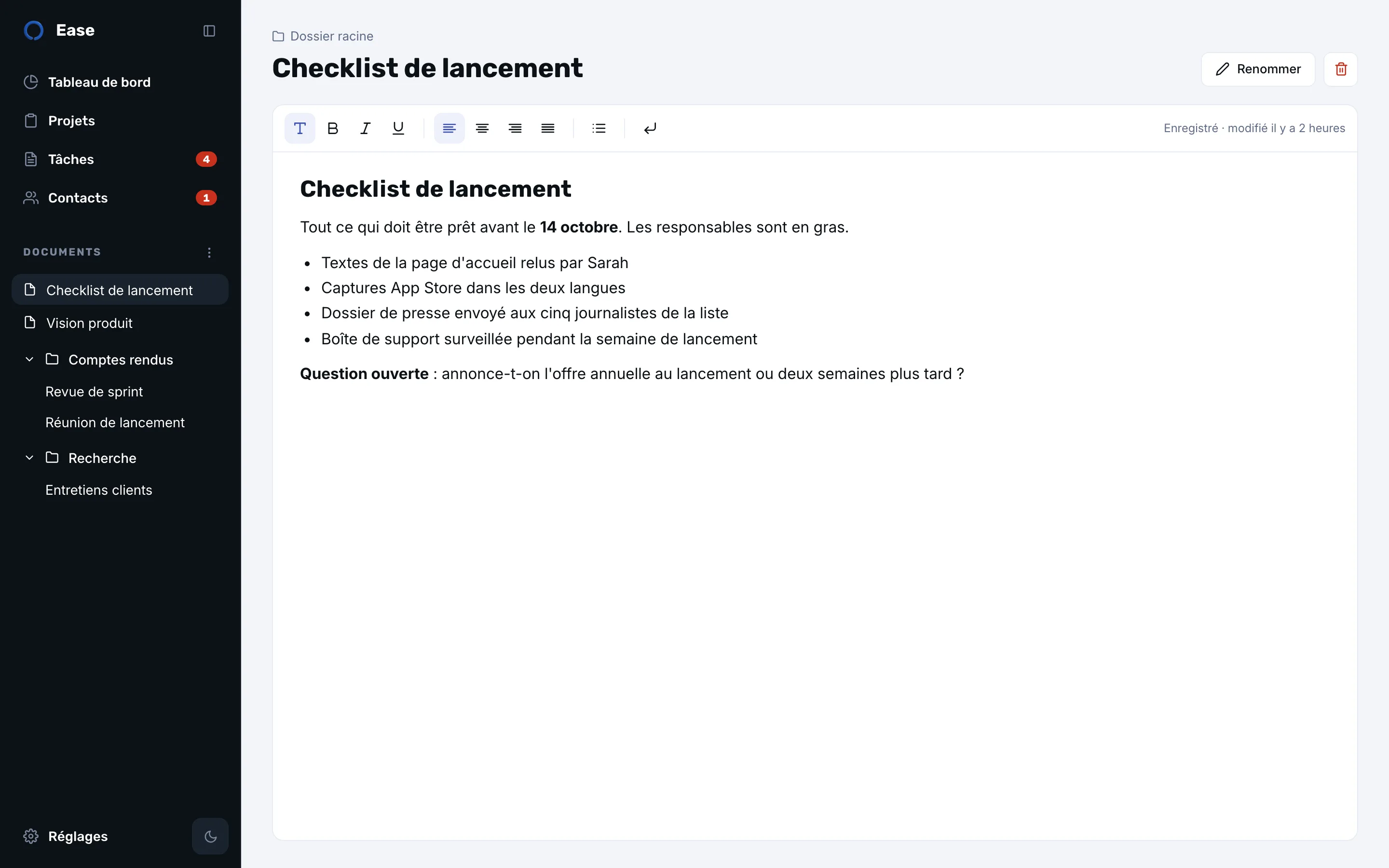 Éditeur de documents d’Ease affichant une checklist de lancement avec titres et liste à puces, arbre des documents dans le rail