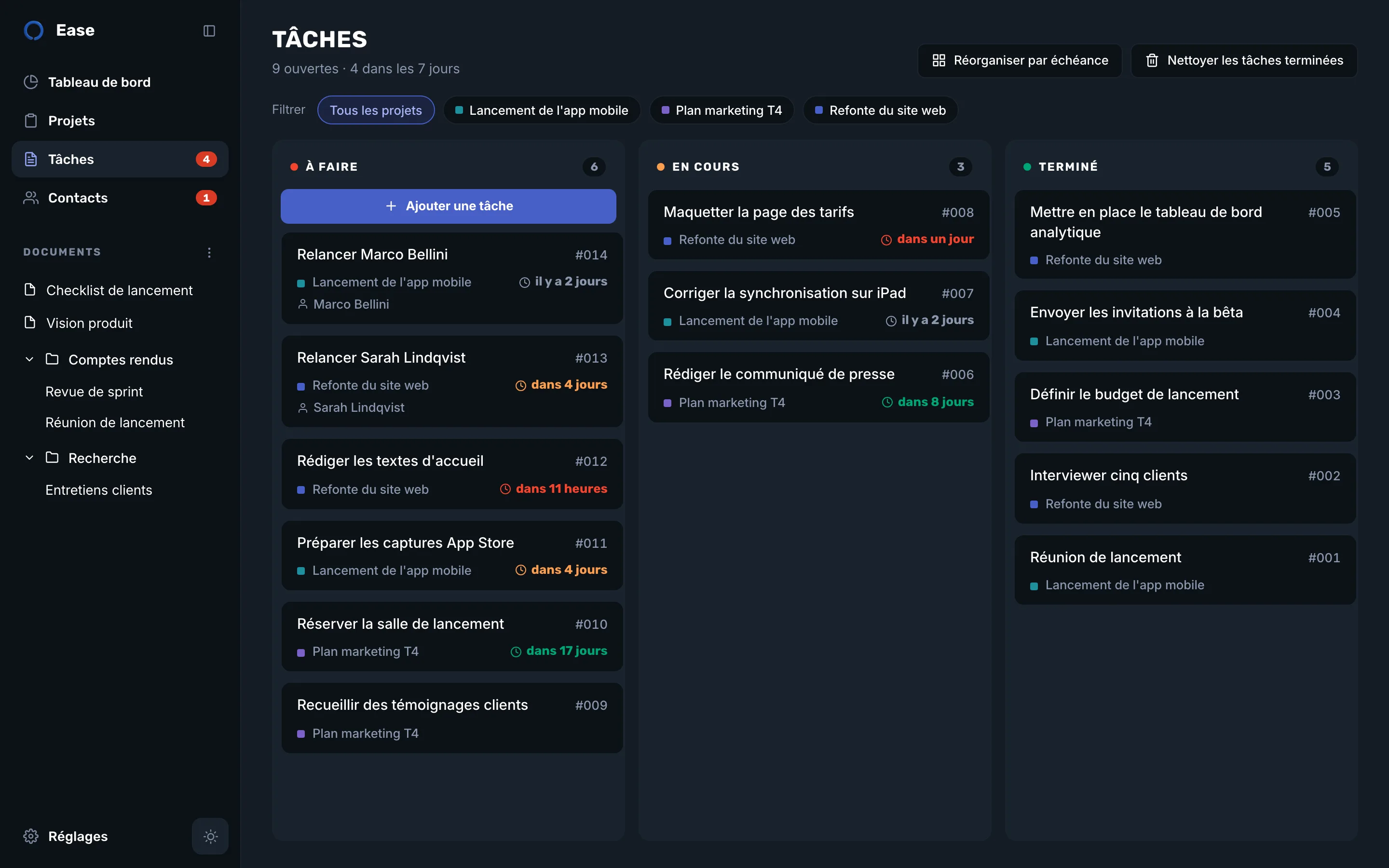 Kanban d’Ease en mode sombre
