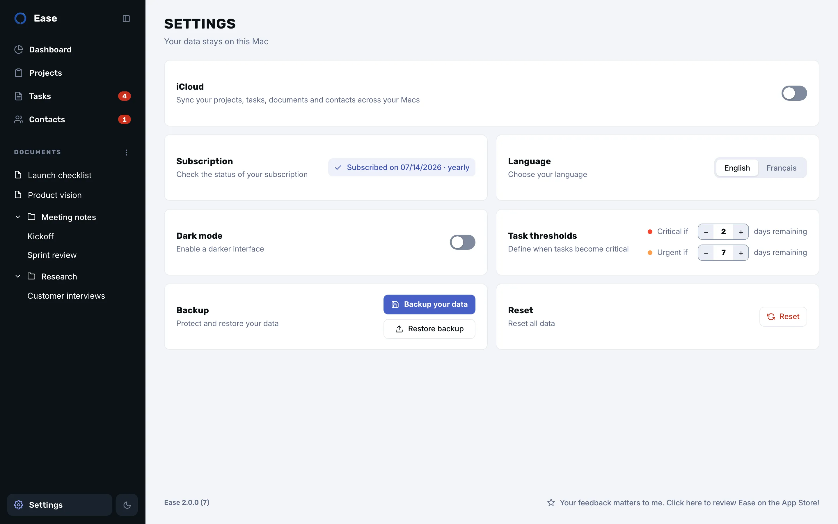 Ease settings with the iCloud, backup and reset cards