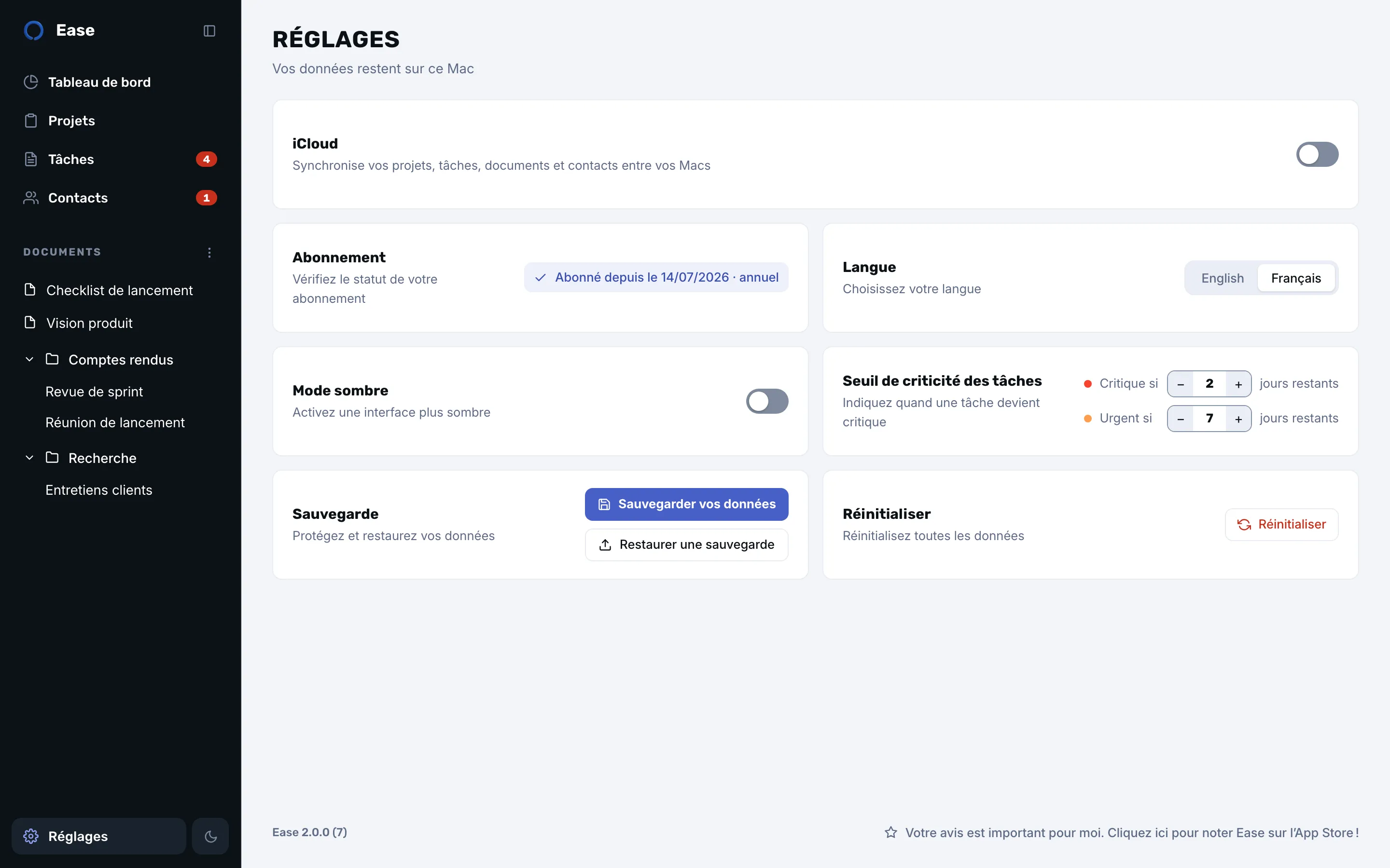 Réglages d’Ease avec les cartes iCloud, sauvegarde et réinitialisation