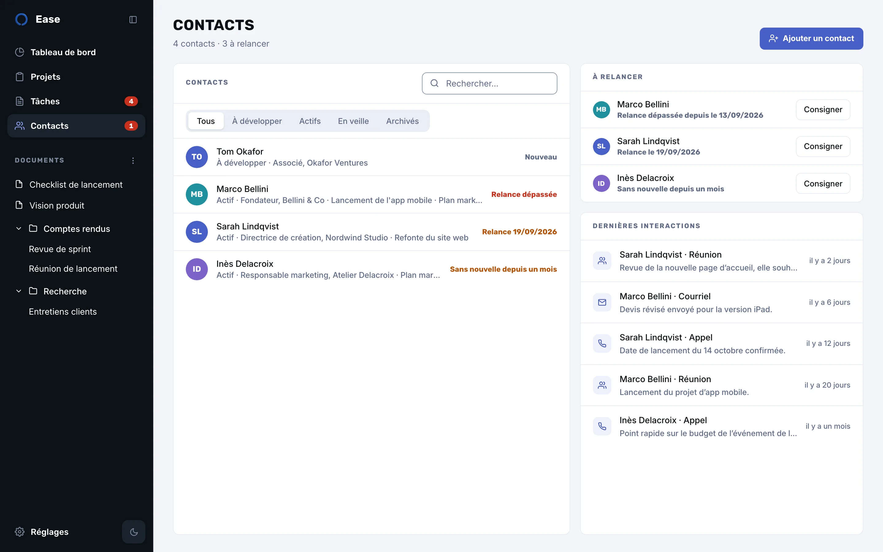 Liste des contacts d’Ease triée par statut de relance, dernières interactions à droite