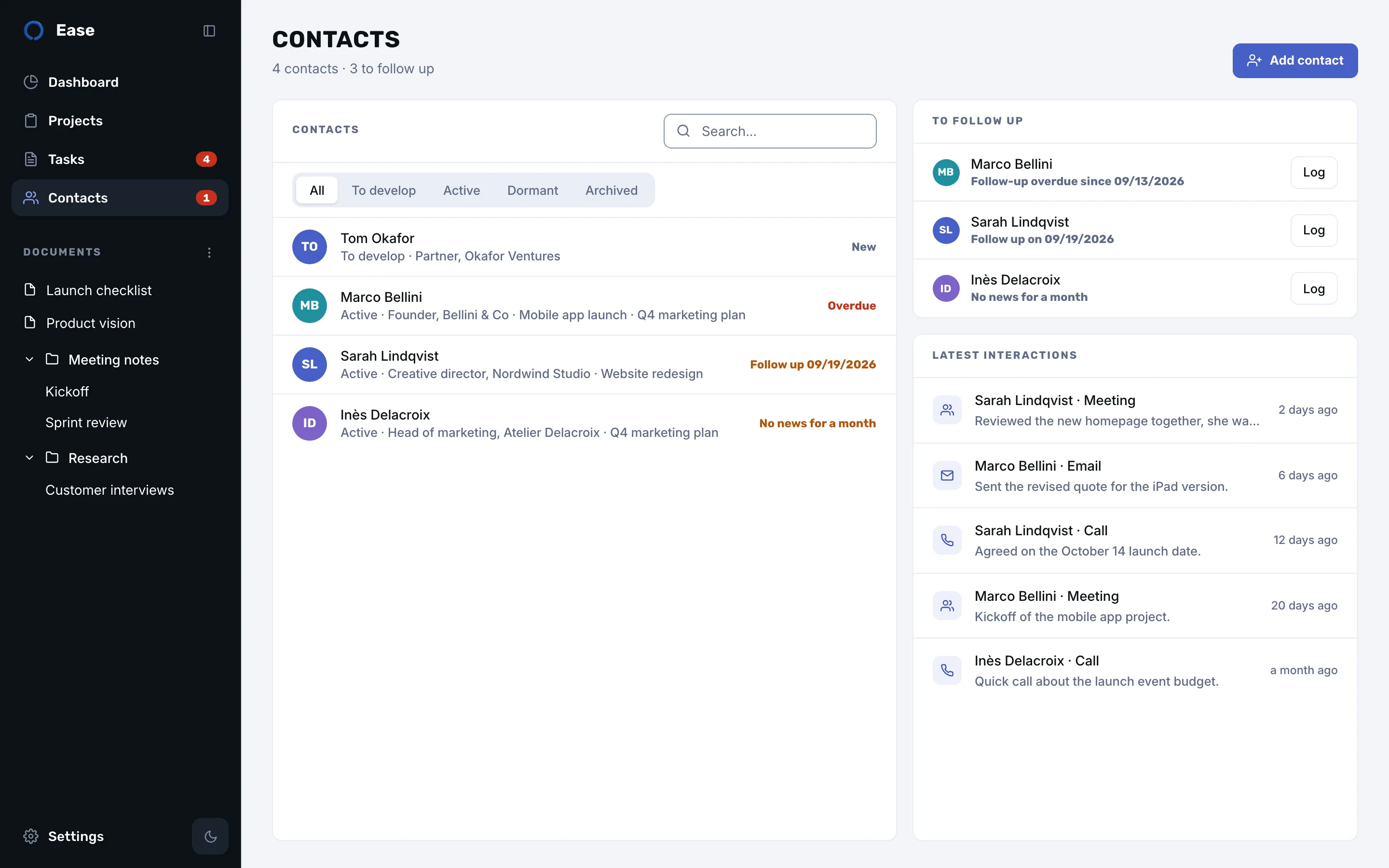 Ease contacts list sorted by follow-up status, with the latest interactions on the right