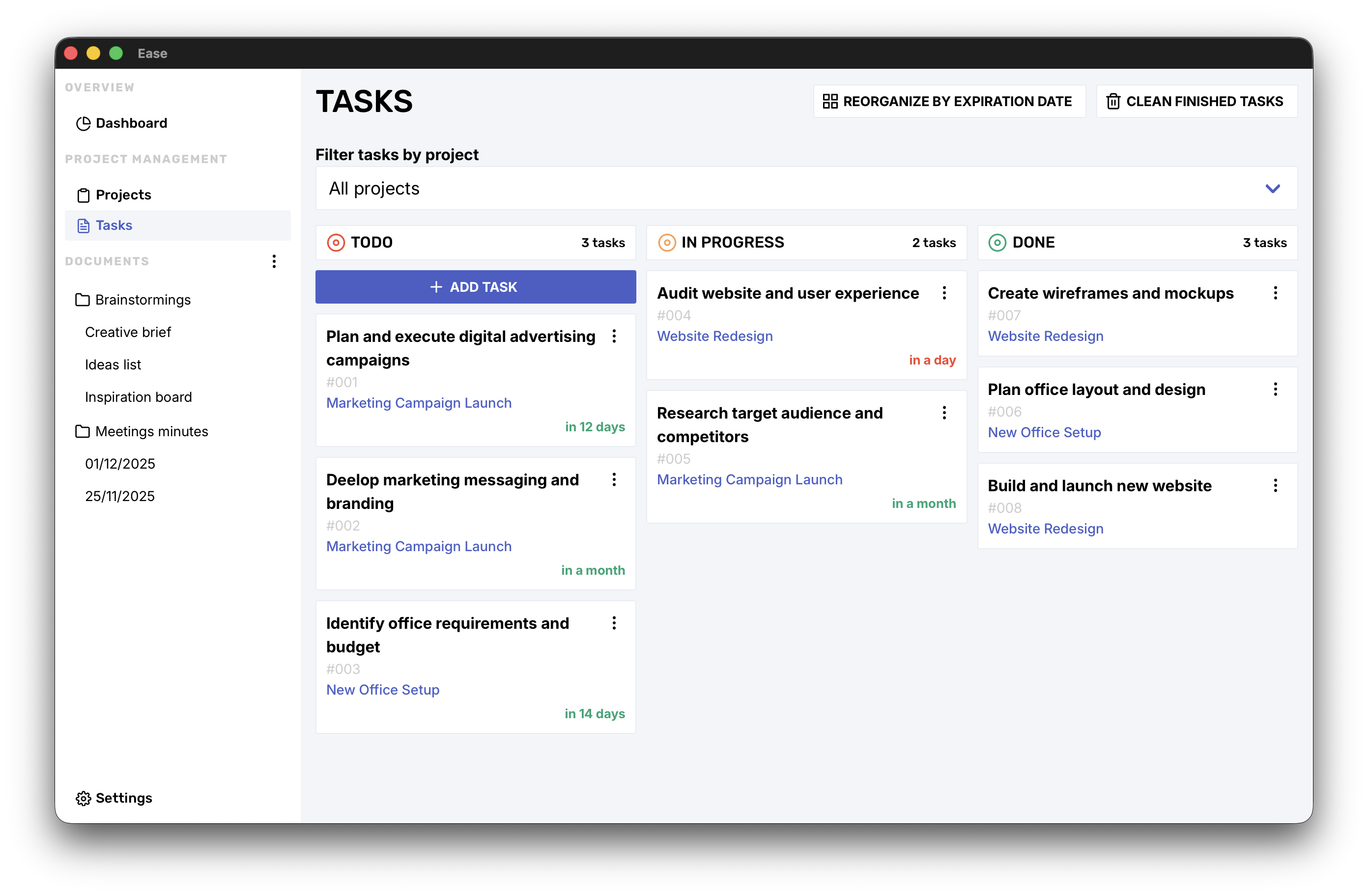 Ease application dashboard screenshot